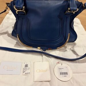 Chloe Marcie Satchel Navy Shoulder Bag with Gold Details